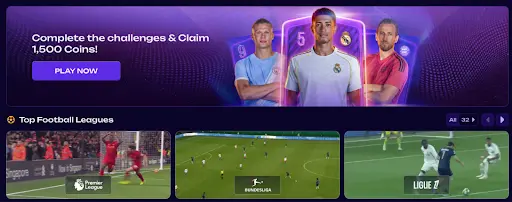 sport promotion banner mit challenges coins bonus und top football leagues im modernen betting interface